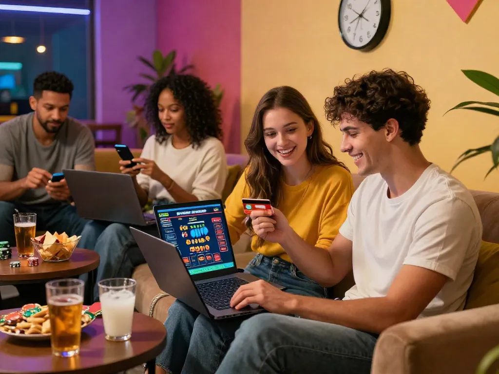 Excited players enjoying credit card casinos at home while interacting with online games and bonuses.
