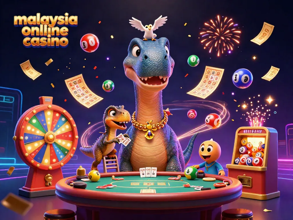 Experience the vibrant action at Malaysia online casino with a 3D brontosaurus and dynamic lottery elements.