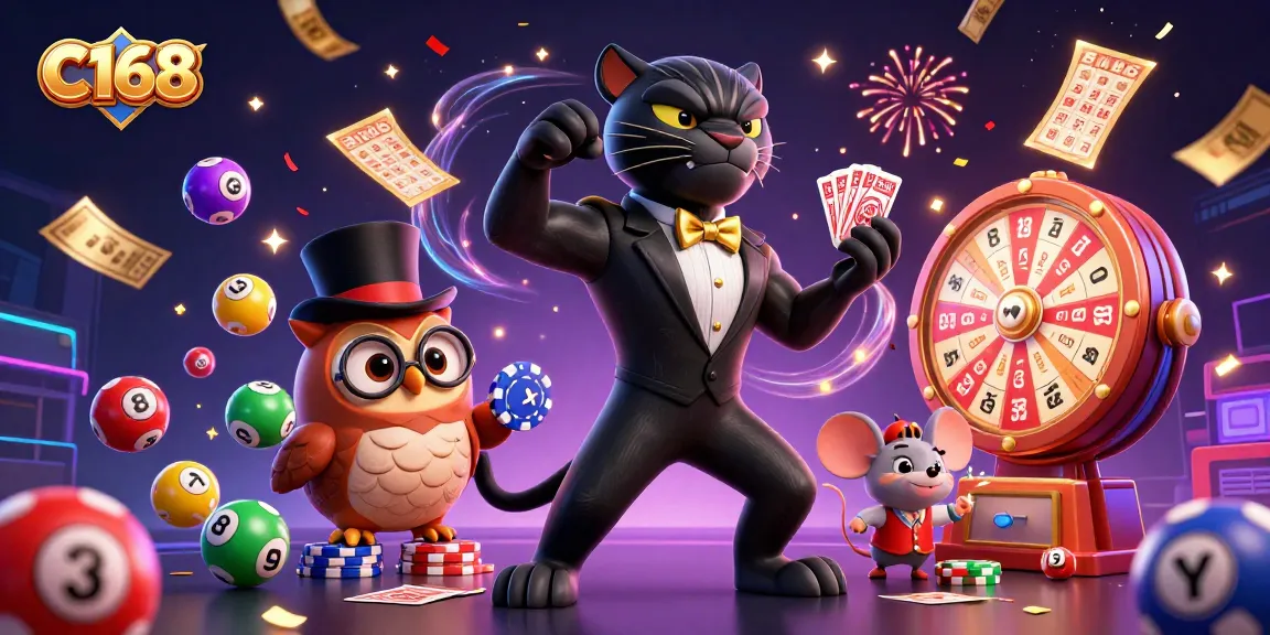 C168 casino illustration showcases a stylish panther dealing cards, while a lucky mouse and owl enhance the gaming excitement.