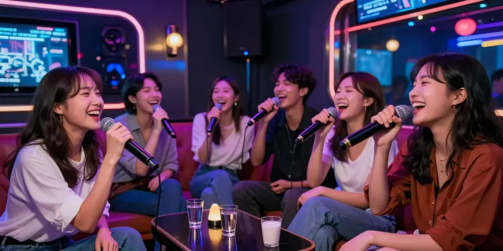강남달토에서 친구들과 함께 즐거운 노래를 부르는 생동감 넘치는 장면