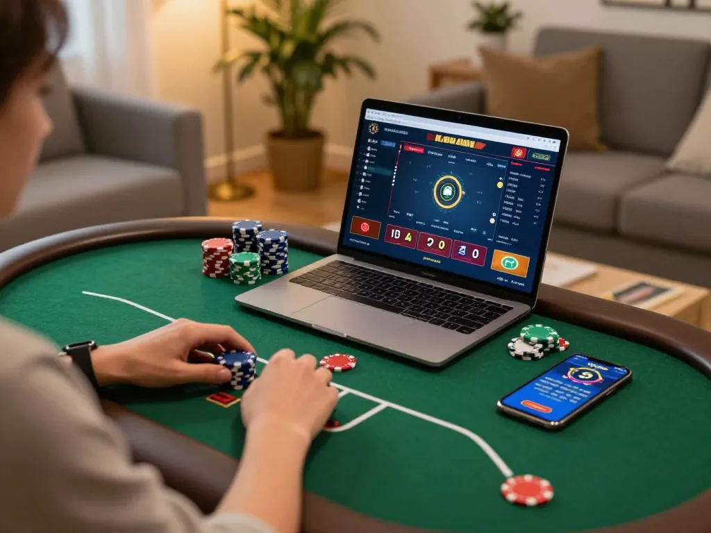 Enjoying poker gameplay on laptop at home with fishersupermarket betting app nearby