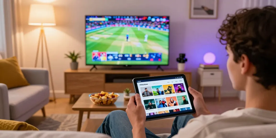 Pikashow APK user enjoying movies and IPL cricket stream on tablet in cozy living room.