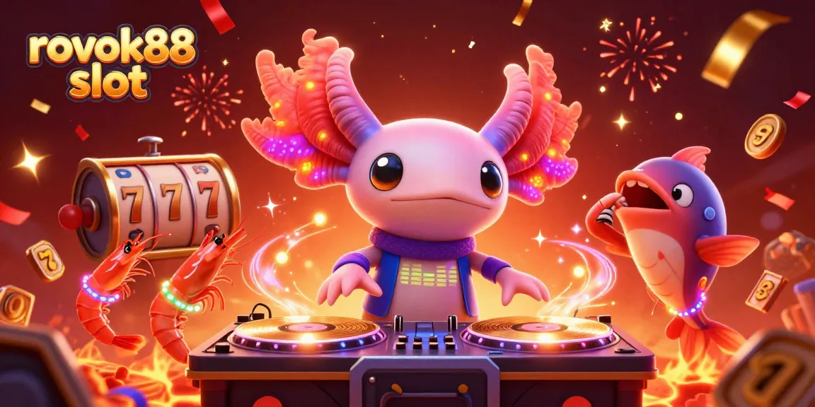 Engage in the vibrant atmosphere of rokok88 slot with an energetic axolotl DJ and friends in a dynamic casino scene.