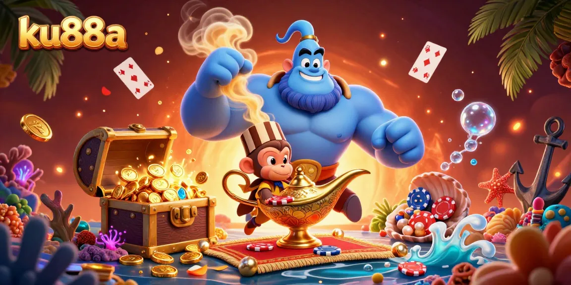 Engage with ku88a's thrilling casino atmosphere featuring a genie, treasure, and poker chips.