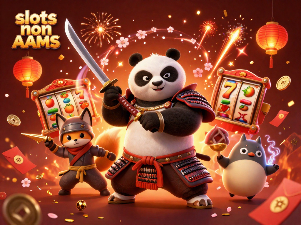Gioca a slots non AAMS con un panda samurai e un’energica volpe ninja in un’illustrazione 3D colorata.