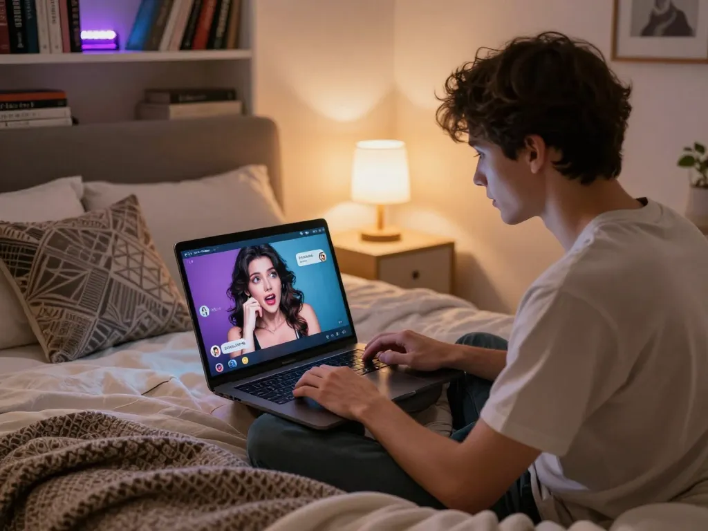 Engaging AI porn chat scene with a user interacting with a lifelike character in a cozy bedroom atmosphere.