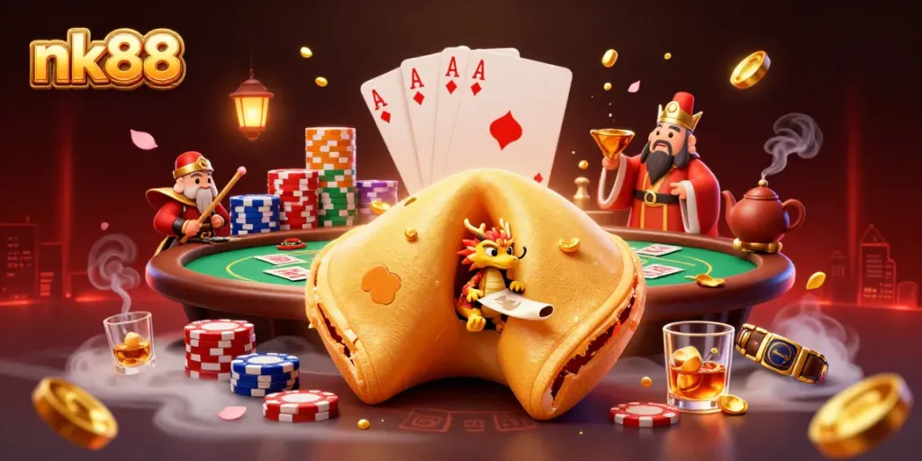 Experience nk88's vibrant casino world with a golden fortune cookie, wise dragon, and gambling elements.