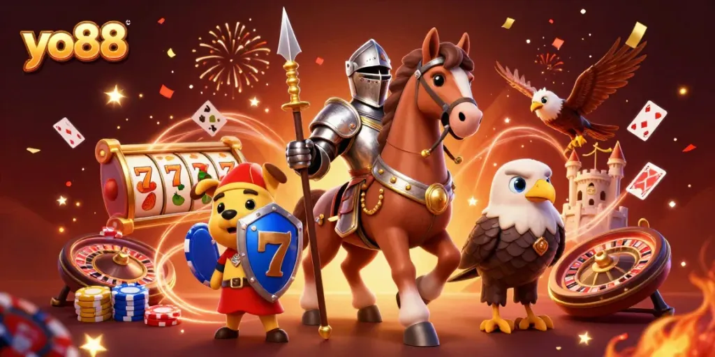 Join the adventure with yo88 by spinning reels and rolling dice in a vibrant casino scene.
