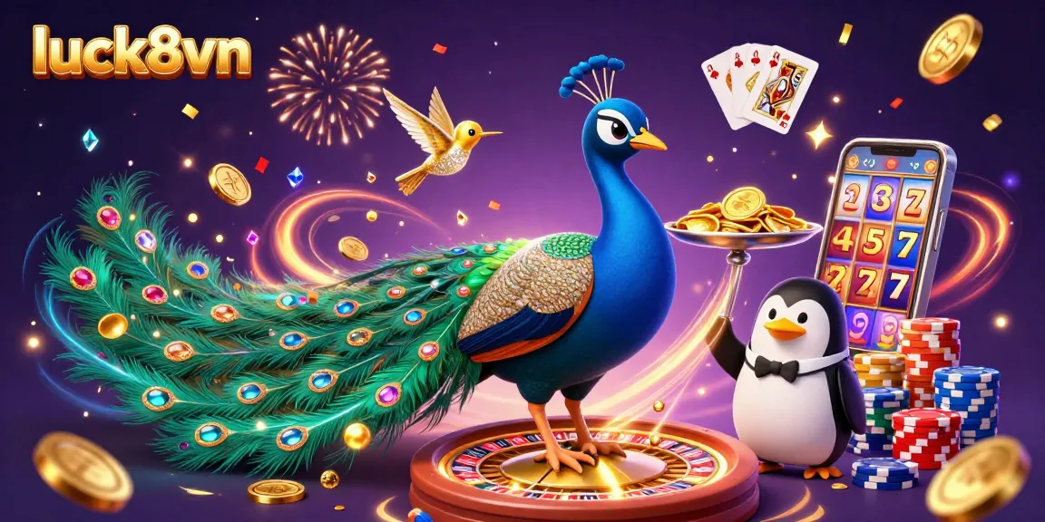 Experience the thrill of luck8vn with a vibrant 3D casino scene featuring a regal peacock and dynamic game elements.