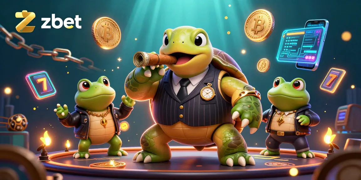 Zbet offers thrilling online gaming, featuring a cartoon turtle mobster amidst crypto-themed casino elements.