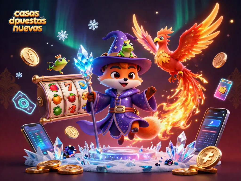 Visualiza las casas de apuestas nuevas con un zorro mago y un fénix mágico en una escena vibrante.