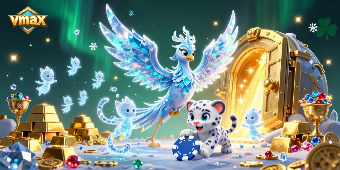 Experience thrilling gameplay at vmax with an enchanting ice phoenix amidst shimmering treasures and vibrant casino scenes.