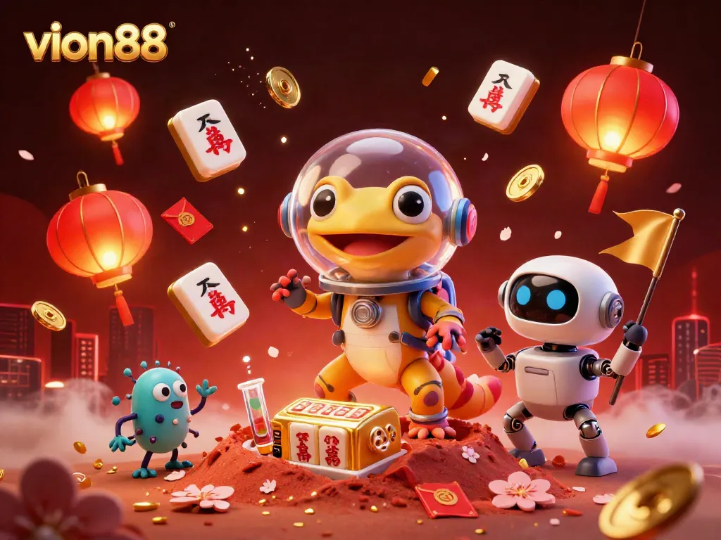 Experience thrilling gaming with vion88 highlighted in this vibrant casino-themed digital art.