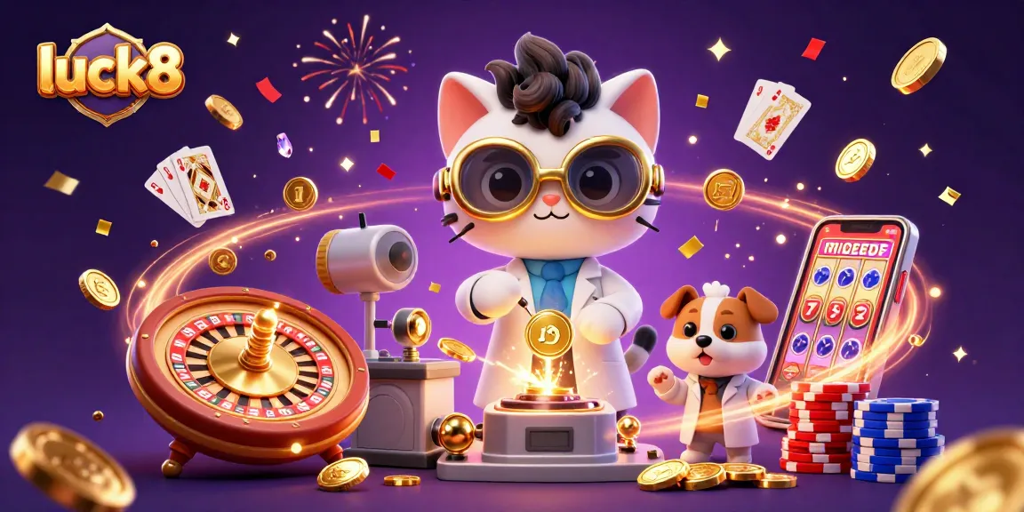 Experience the thrilling world of luck8 with a mad scientist cat and assistant creating gold coins in a vibrant casino ambiance.