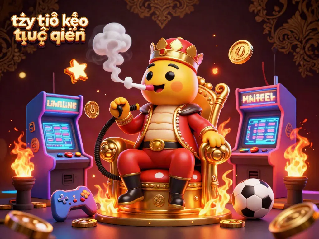 Engage with tỷ lệ kèo trực tuyến in this dynamic 3D digital illustration showcasing sports betting symbols, golden coins, and vibrant game elements.