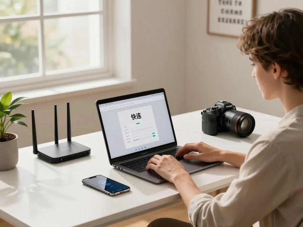 快连 user enjoying seamless network connection in a sleek home office.