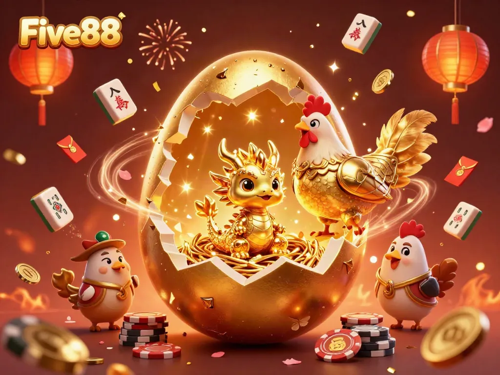 Experience winning thrills at Five88 with a baby dragon on poker chips amid celebratory elements.