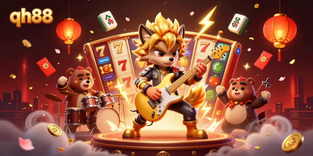 Experience vibrant excitement at qh88 with a wolf rock star performing at a colorful casino stage.