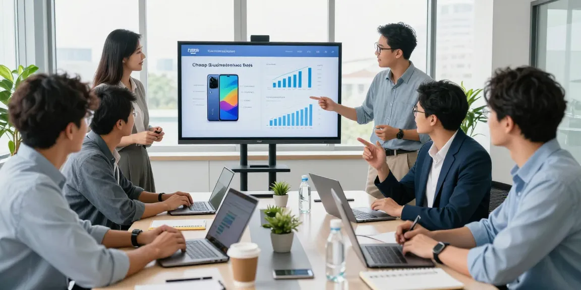 Team discussing cheap business mobile deals in a modern office environment with laptops