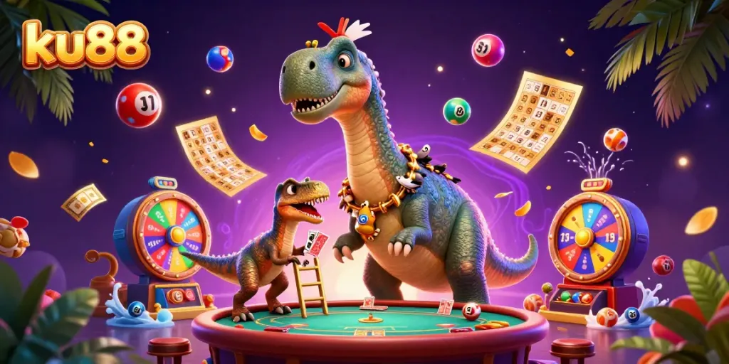 Engage in thrilling games at ku88 with a vibrant brontosaurus and clever raptor in a dynamic casino scene.