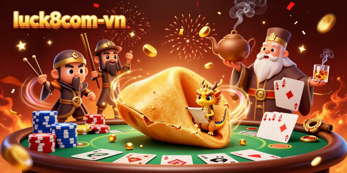 Experience the luck of luck8com-vn with a festive casino scene featuring poker and a golden fortune cookie!