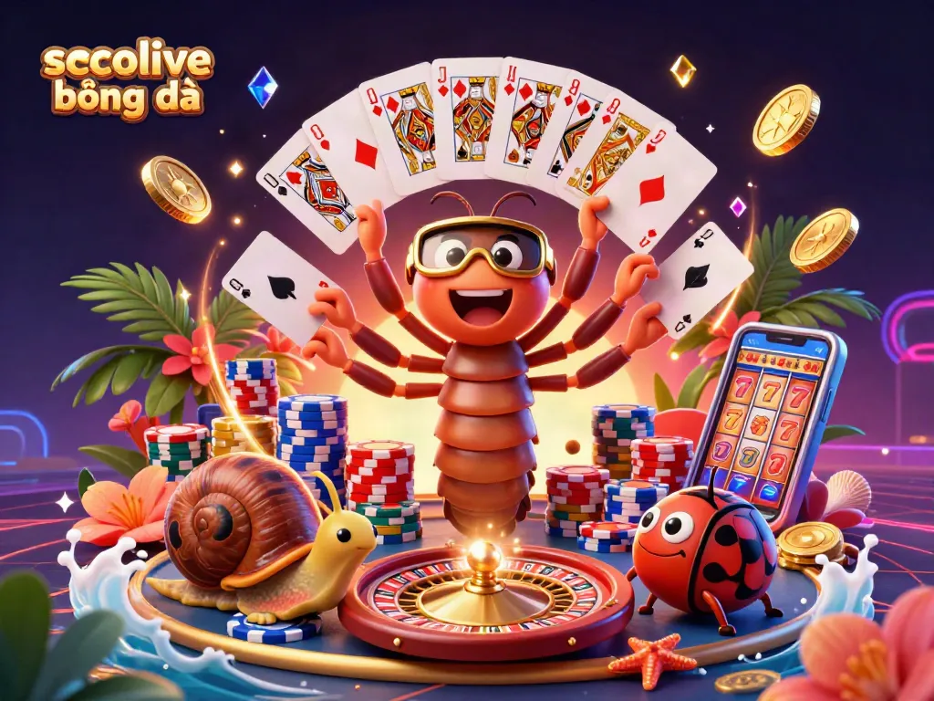 Socolive bóng đá showcases a lively gambling scene with vibrant characters, cascading coins, and dynamic gameplay elements.