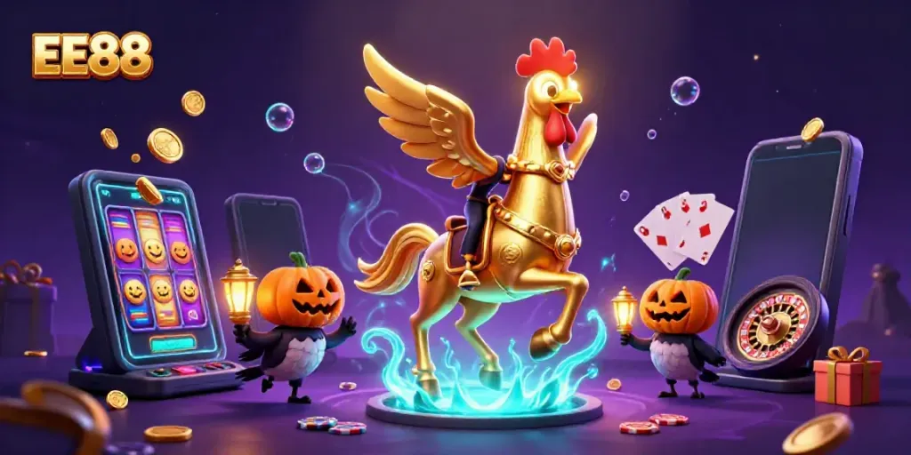 Engage with EE88 in a vivid casino experience featuring a golden rooster and immersive gaming elements.