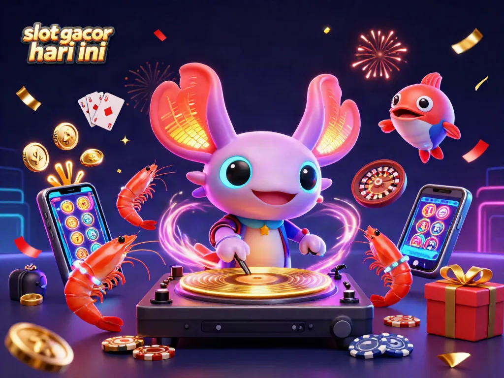 Experience slot gacor hari ini with a lively 3D illustration featuring a DJ axolotl and vibrant sea creatures.