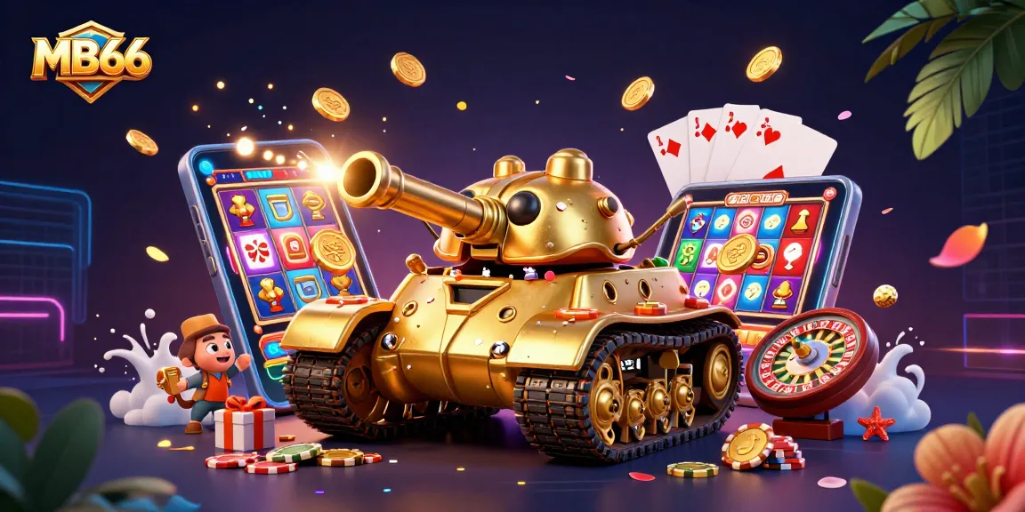Experience the thrill at MB66's casino in a golden beetle tank illustration.