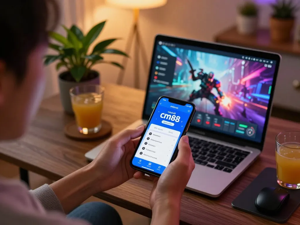 Engaging with nhà cái cm88 betting app on a smartphone in a cozy home setting