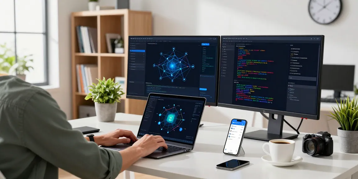 快連 VPN 應用程式顯示在智慧型手機上，配有現代科技工作空間中的網路優化工具。