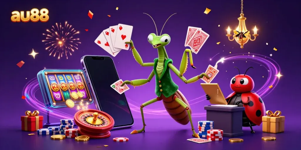 Experience thrilling gaming action with au88, featuring a giant mantis card sharp, ladybug pit boss, and vibrant casino elements.