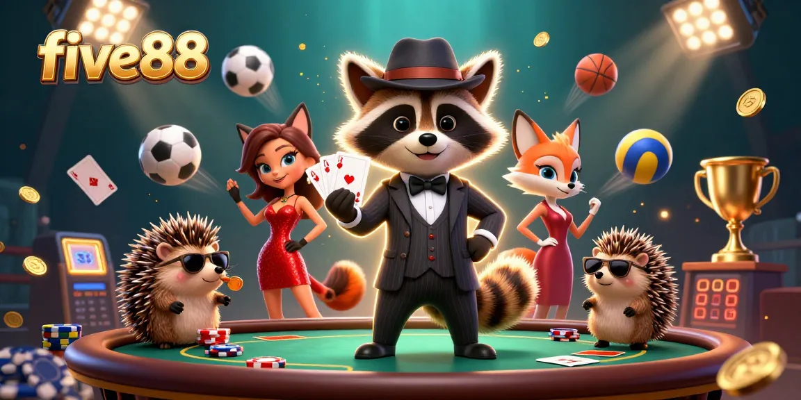 five88 casino with a suave raccoon, fox lady, and hedgehog bouncer enjoying poker.