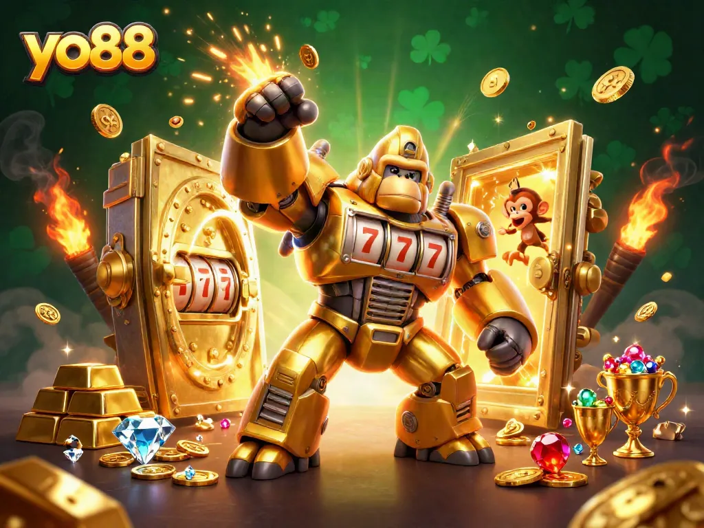 Engage with yo88's thrilling gameplay featuring a dynamic golden gorilla mech bursting with riches.