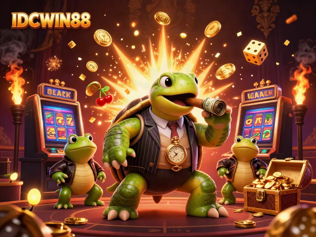 Experience the thrilling world of IDCWIN88 with a colorful 3D casino scene featuring a turtle mobster and high-energy elements.