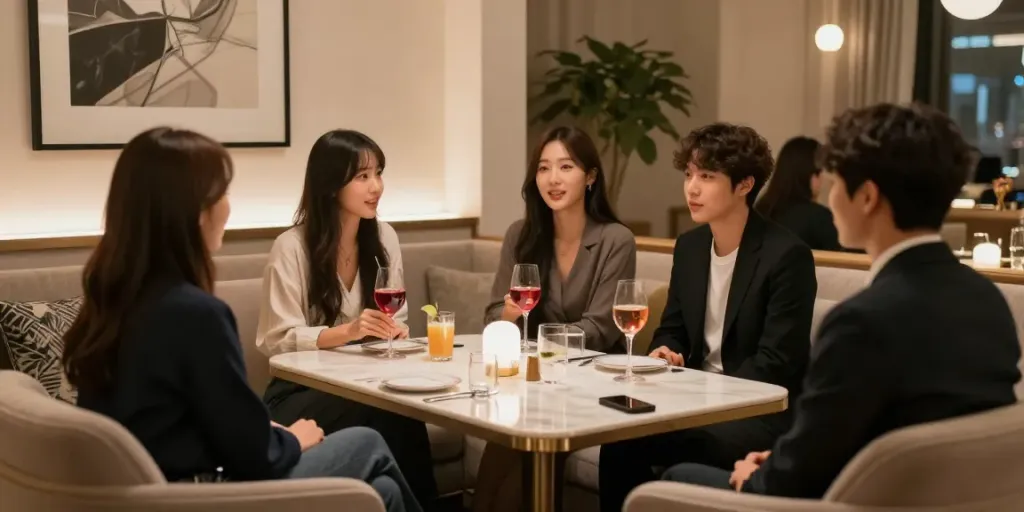 강남구구단 쩜오에서 친구들과 즐거운 시간을 보내는 모습과 아늑한 저녁 분위기