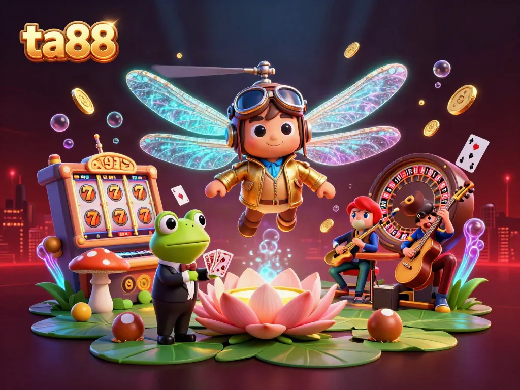 Experience thrilling gaming action with ta88 slots and a dynamic casino scene featuring a dragonfly pilot and croupier.