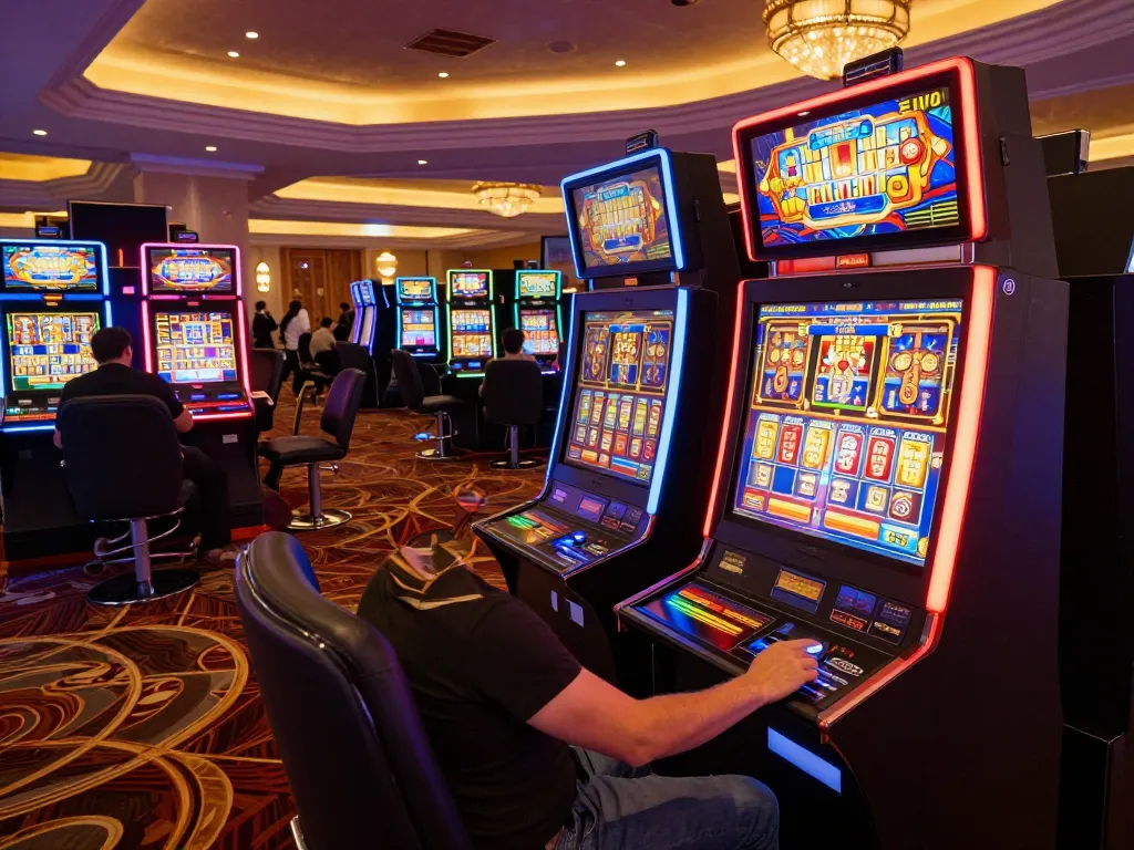 Engaging scene at Rosalind Innovations featuring vibrant slot machines in an upscale casino, showcasing the thrill of gaming.
