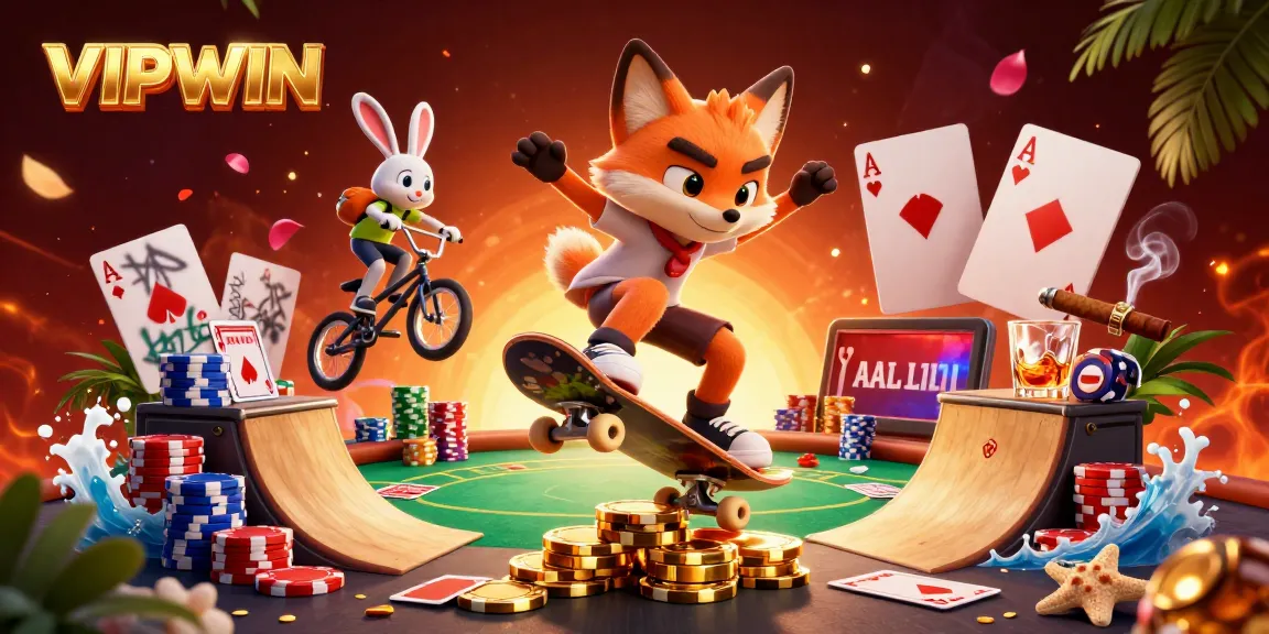 Experience thrilling poker action with VIPWIN in a vibrant, animated casino scene.