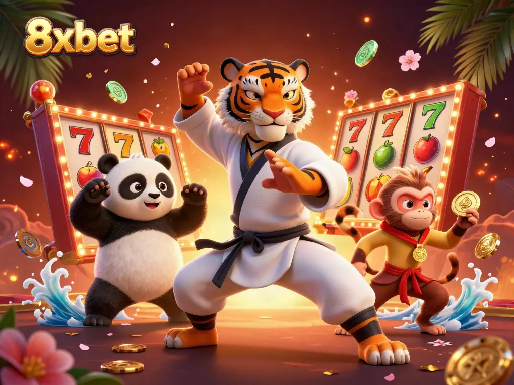 Play slots for fun at 8xbet with engaging characters in a vibrant casino scene.