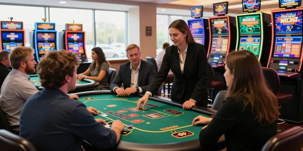 Exciting SV88 casino gaming scene showcasing players at tables and slot machines.