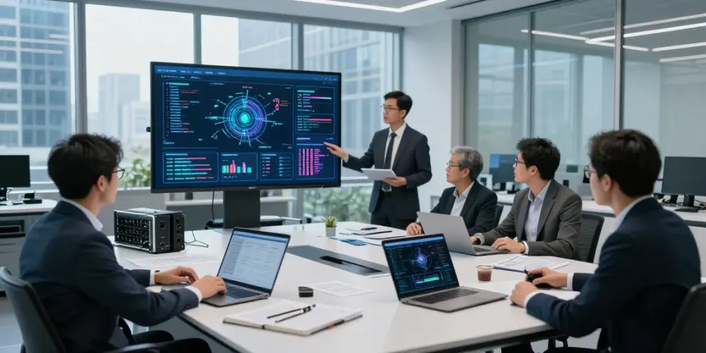 Collaboration in a modern enterprise AI lab showcasing professionals engaged in developing innovative AI solutions.