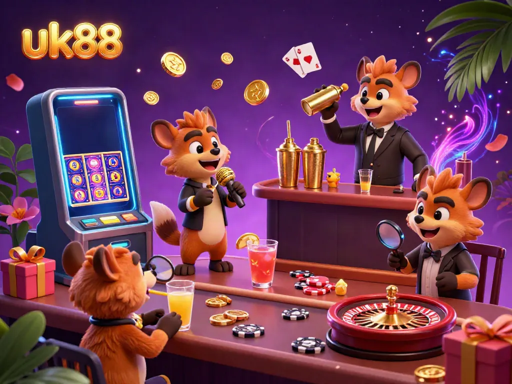Enjoy exciting gambling moments at uk88 with vibrant hyena characters in a casino setting, featuring games and laughter.