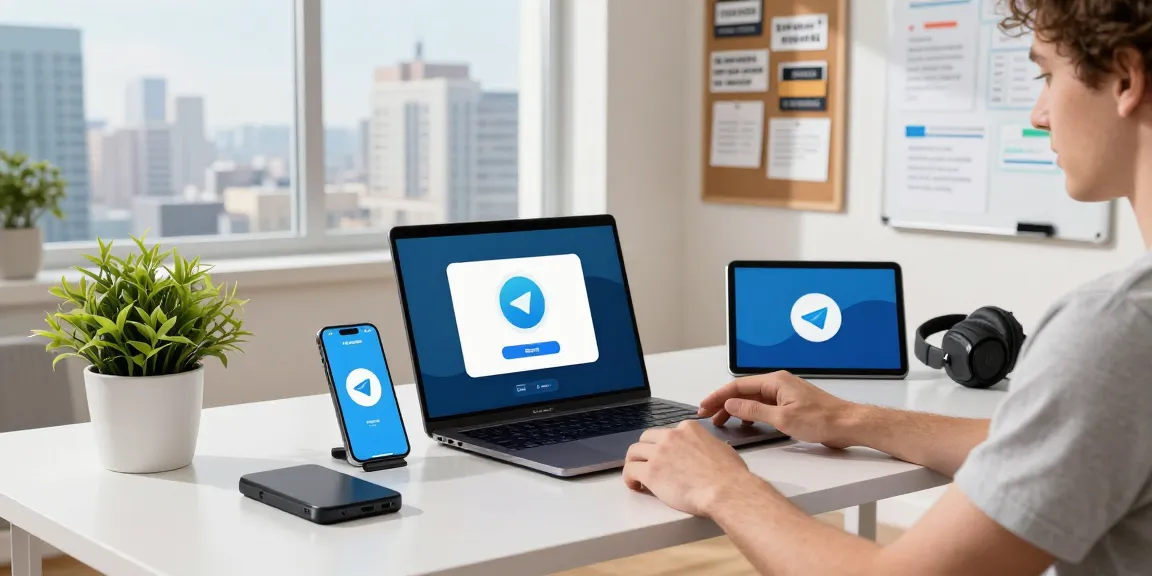 Downloading Telegram下载 on multiple devices in a modern workspace.