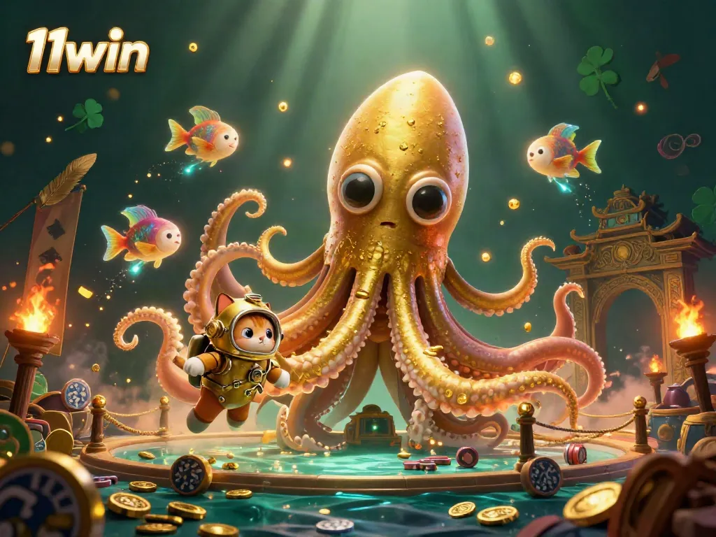 Engage with 11win's immersive gambling experience featuring a kraken, diving cat, and vibrant elements.