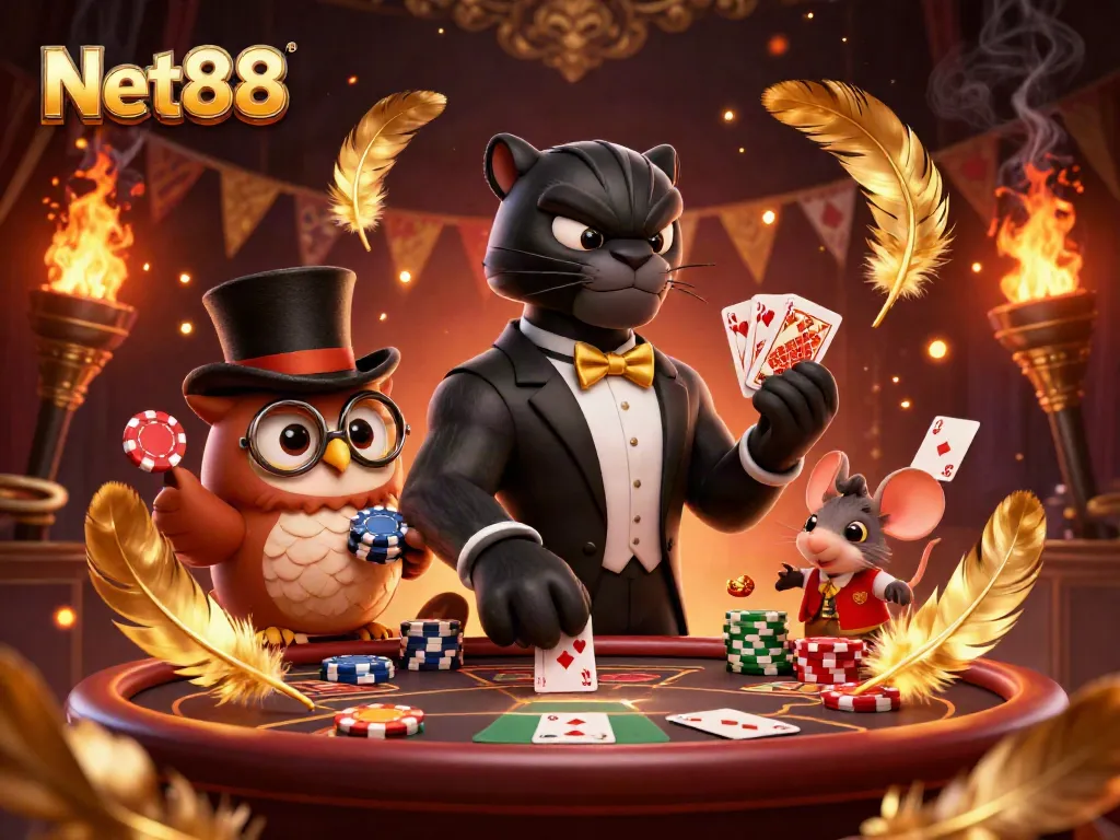Join the action at Net88 as a stylish panther deals cards with a clever owl and lucky mouse in a lively casino.