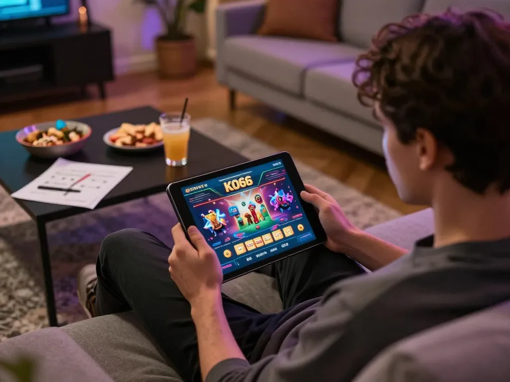 Người chơi đắm mình trong ứng dụng casino KO66 trên máy tính bảng để chơi game trực tuyến, thiết lập không gian ấm cúng tại nhà.