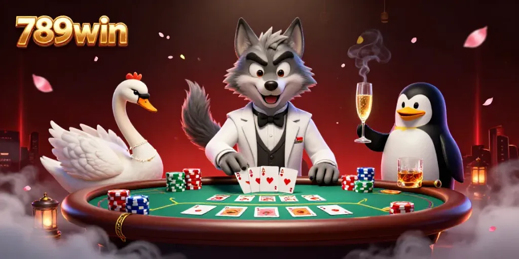 Engage in high-stakes fun with 789win at a lively baccarat table featuring unique characters.