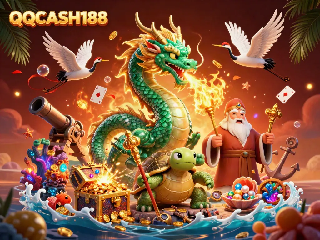 Win big with QQCASH188 featuring a jade dragon, turtle sage, and cranes amidst a vibrant casino scene.