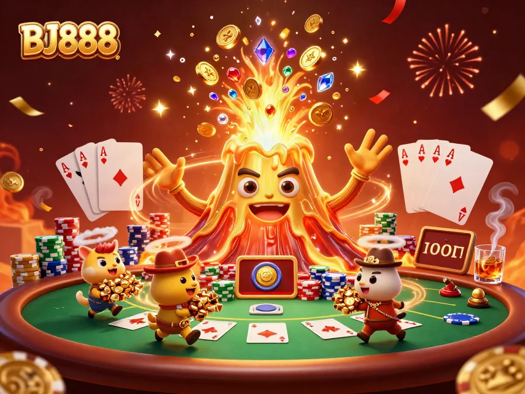 BJ888 celebrates winning moments with a golden volcano and treasure-filled adventures.